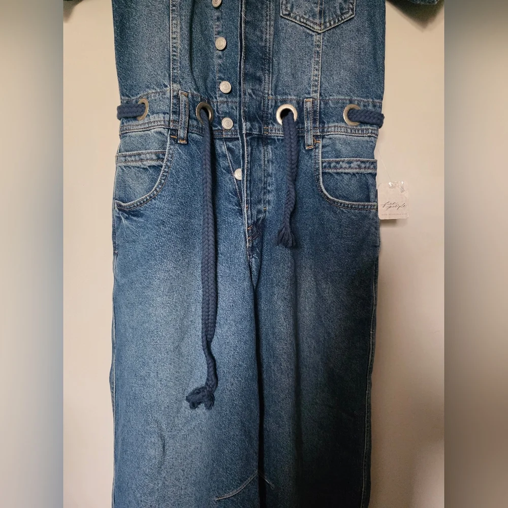 FREE PEOPLE EDISON WIDE LEG COVERALL OVERALL BLUE JEANS SIZE XS‎ - Picture 5 of 11